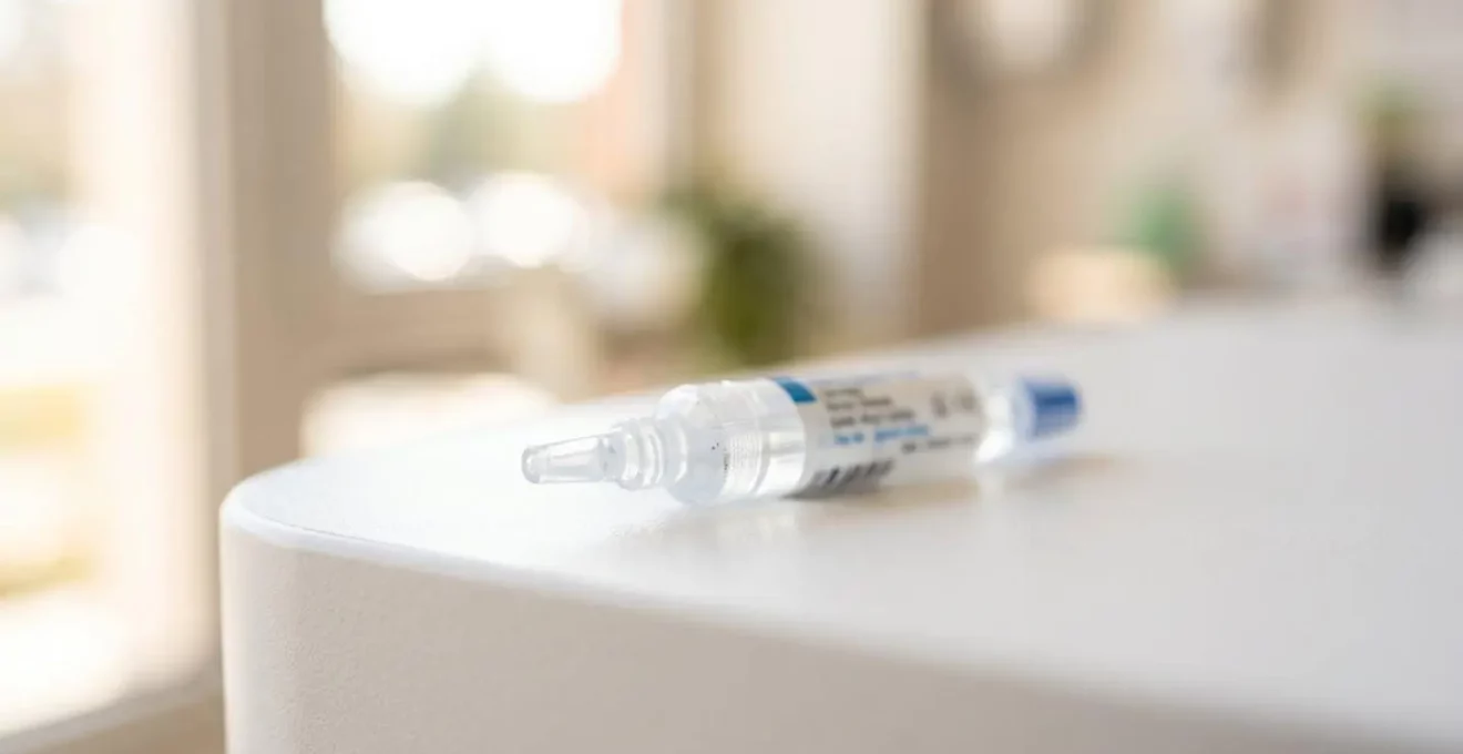 Extreme close-up macro shot of a single-dose topical gel tube on a clean white modern surface with soft natural side lighting