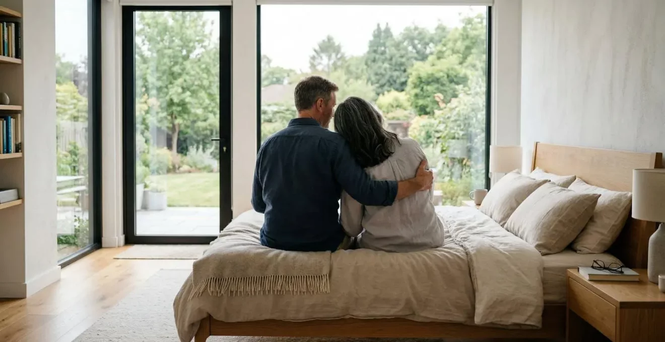A mature couple seen from behind looking out a large window in a contemporary bedroom with soft natural morning light