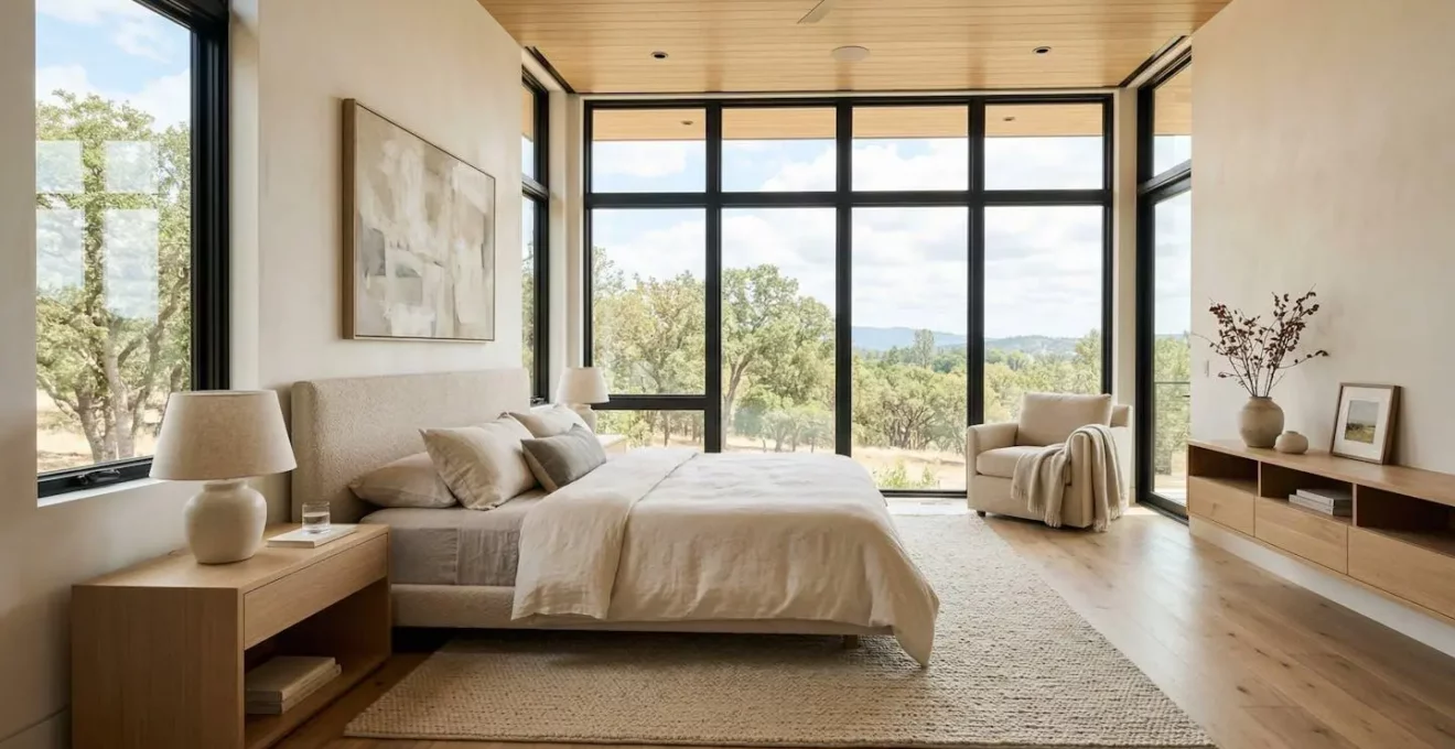 Wide angle shot of a contemporary bedroom interior with large windows, abundant natural morning light, clean modern design with soft neutral tones
