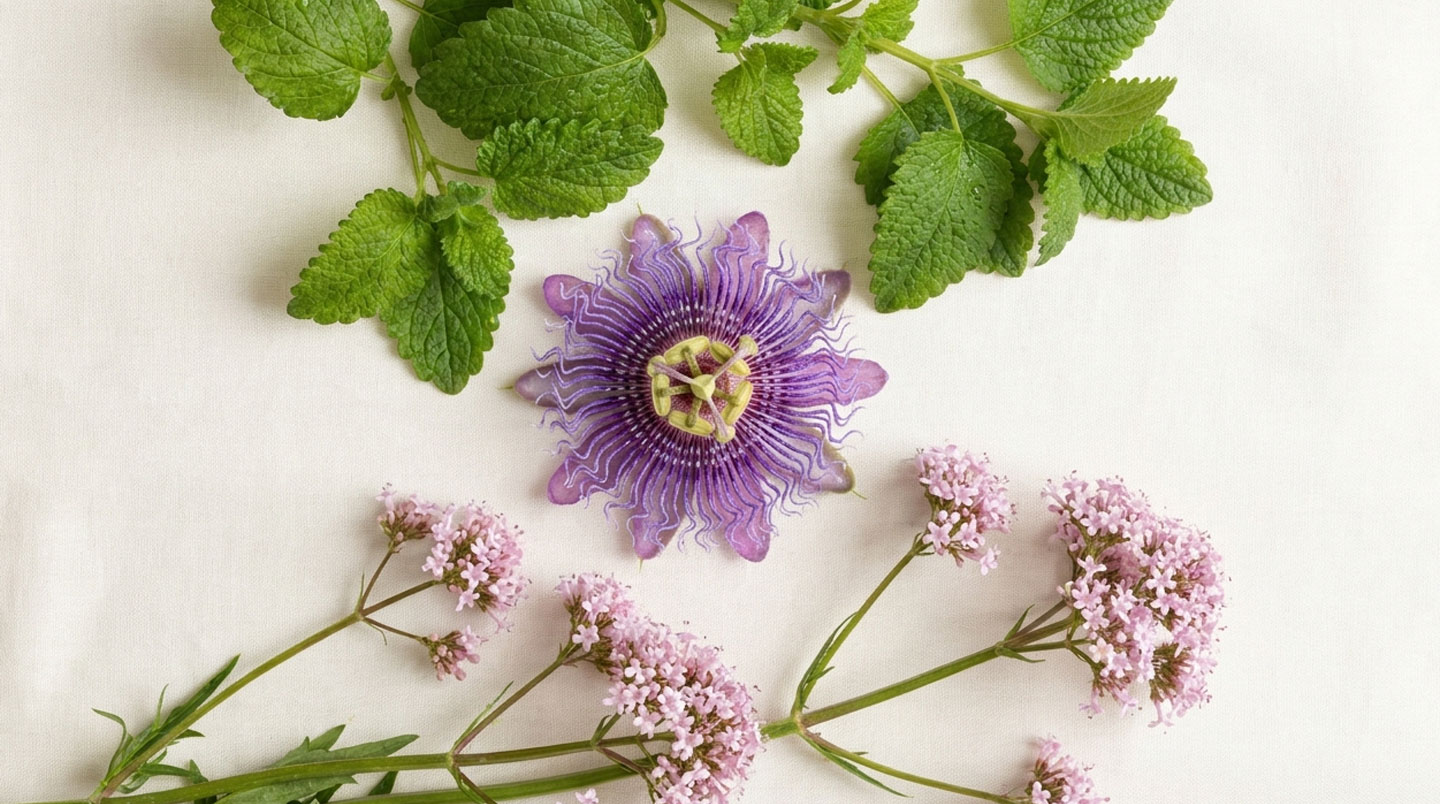 Close-up of dried lemon balm leaves, passionflower petals, and valerian root fragments arranged naturally on a light wooden surface alongside a small supplement bottle