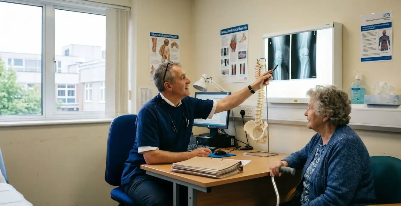 Consultant orthopaedic surgeon reviewing knee X-rays with elderly patient during NHS hospital consultation, natural clinical setting with medical charts and anatomical models visible