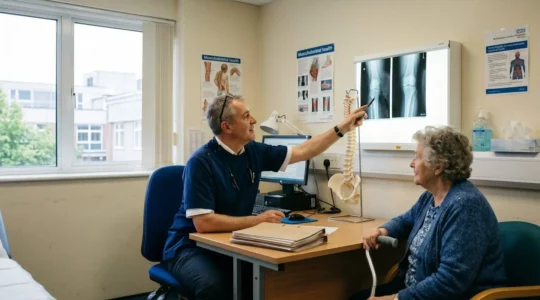 Consultant orthopaedic surgeon reviewing knee X-rays with elderly patient during NHS hospital consultation, natural clinical setting with medical charts and anatomical models visible