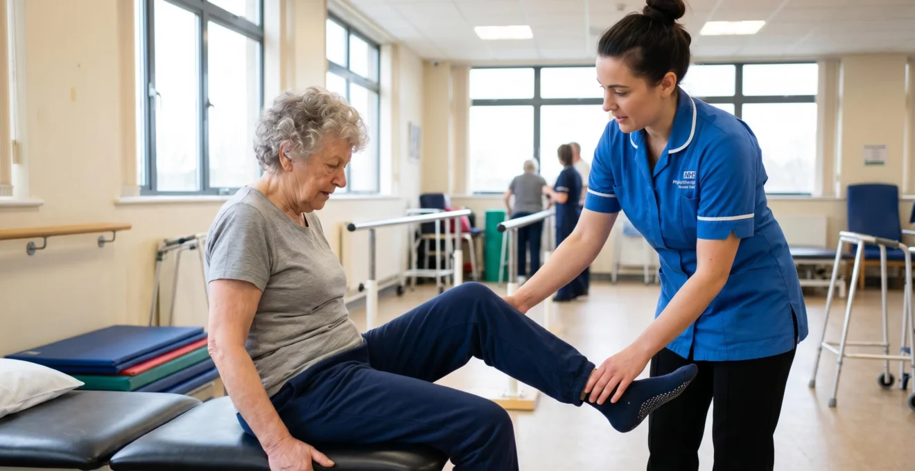 Elderly patient working with NHS physiotherapist on post-operative knee rehabilitation exercises in hospital physiotherapy gym