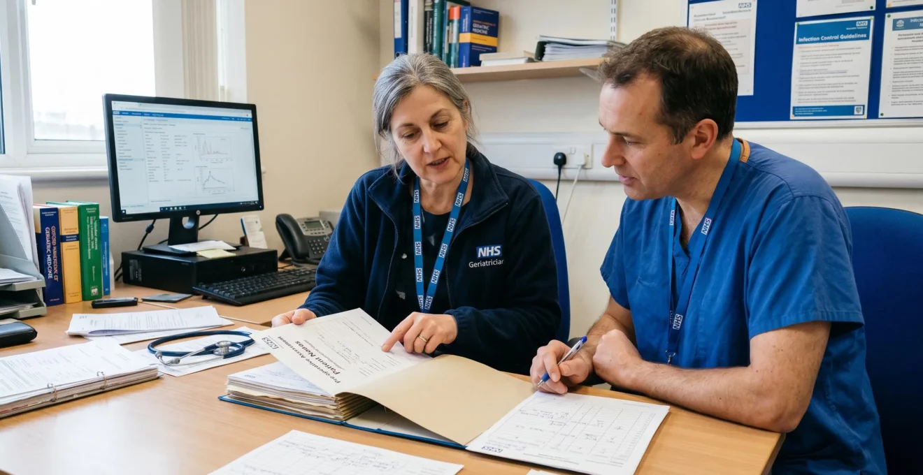 Geriatrician and anaesthetist collaborating on pre-operative assessment for elderly surgical candidate in NHS hospital clinical office