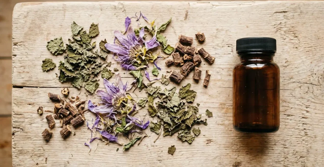 Close-up of dried lemon balm leaves, passionflower petals, and valerian root fragments arranged naturally on a light wooden surface alongside a small supplement bottle