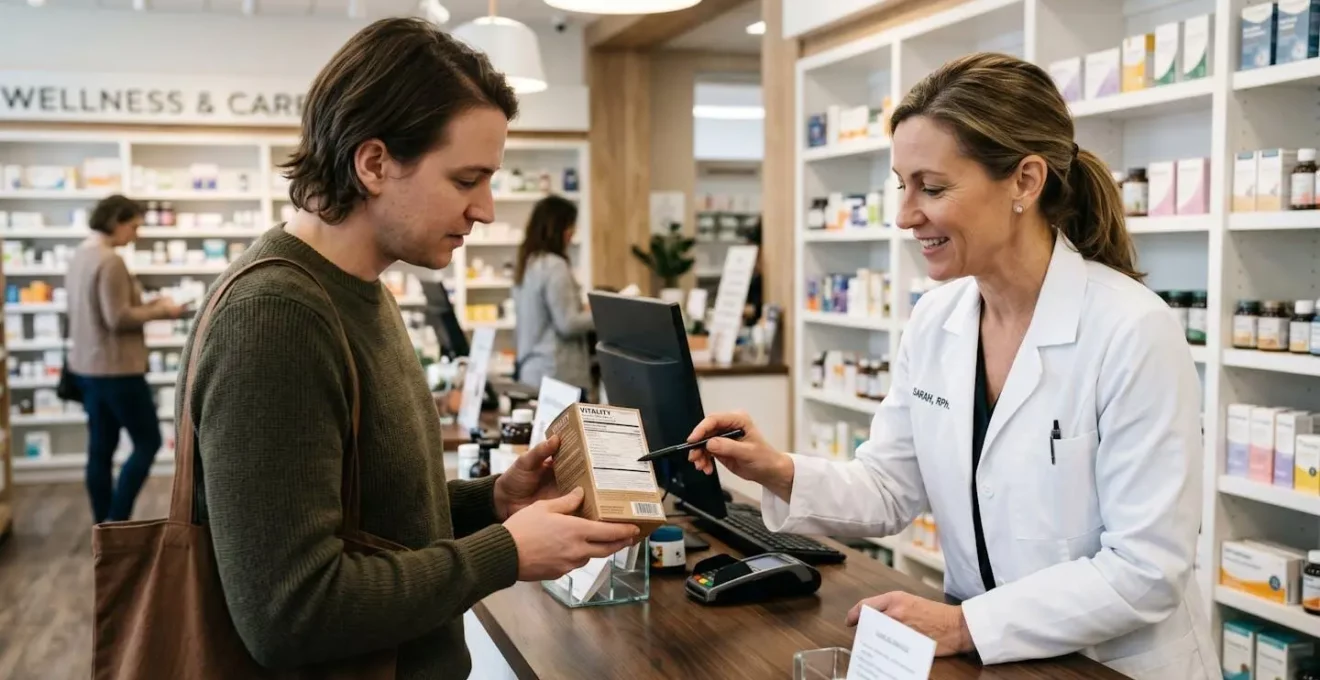 A person in their 30s at a pharmacy counter reviewing the label of a sleep supplement box while a pharmacist points to the ingredients list in a helpful, conversational interaction