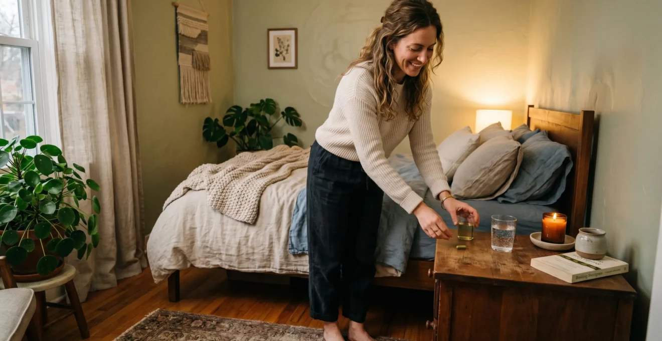 A woman in a calm, softly lit bedroom setting out a glass of water and a supplement capsule on her nightstand as part of her evening wind-down routine