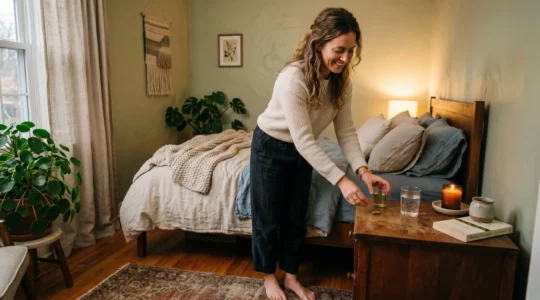 A woman in a calm, softly lit bedroom setting out a glass of water and a supplement capsule on her nightstand as part of her evening wind-down routine